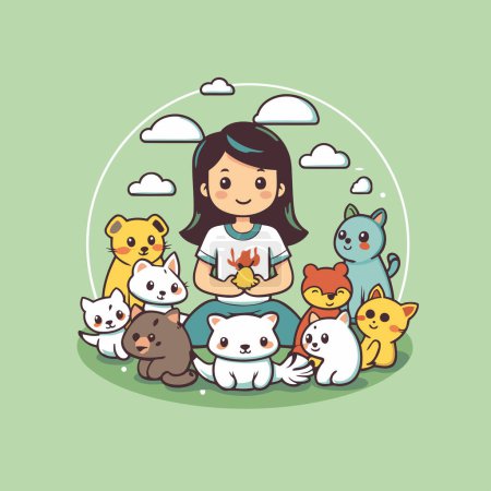 Téléchargez les illustrations : Mignonne petite fille avec groupe de chats et chiens vectoriel illustration design - en licence libre de droit