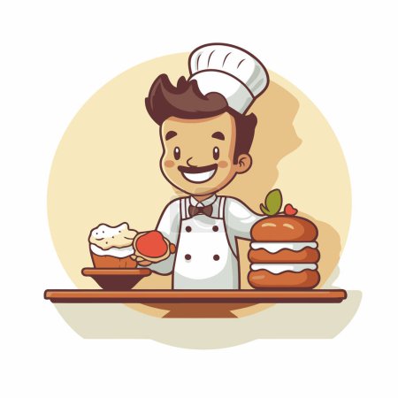 Téléchargez les illustrations : Chef avec une assiette de gâteaux. Illustration vectorielle dans le style dessin animé. - en licence libre de droit
