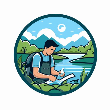Téléchargez les illustrations : Un randonneur lisant un livre au bord du lac. Illustration vectorielle. - en licence libre de droit
