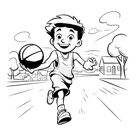 Illustration for Black and White Cartoon Illustration of Boy Playing Basketball on the Street or Park - Royalty Free Image