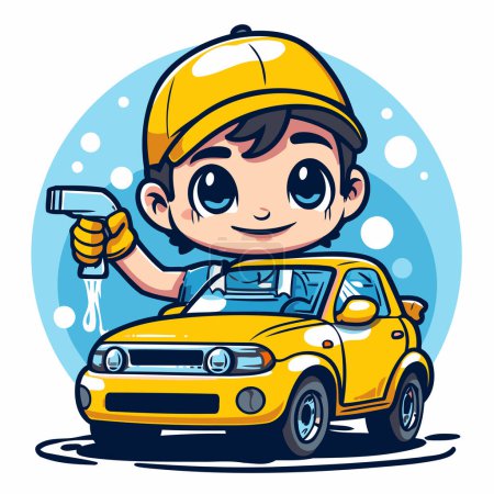 Téléchargez les illustrations : Illustration d'un petit garçon mignon portant un casque de construction jaune réparant sa voiture - en licence libre de droit