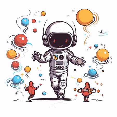 Illustration for Astronaut in outer space. Cartoon vector illustration. Hand drawing - Royalty Free Image