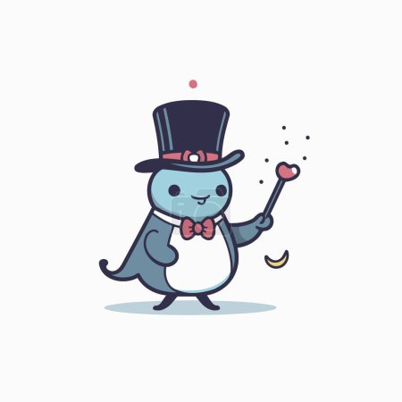 Illustration for Cute penguin in top hat and bow tie holding magic wand. Vector illustration. - Royalty Free Image