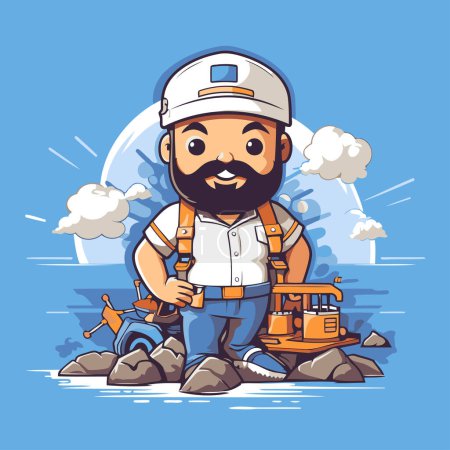 Illustration for Cartoon miner standing on the rocks. Vector illustration in cartoon style. - Royalty Free Image