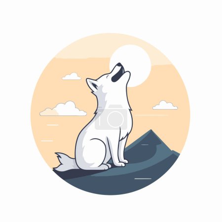 Téléchargez les illustrations : Mignon chien de dessin animé assis sur le sommet de la montagne. Illustration vectorielle - en licence libre de droit