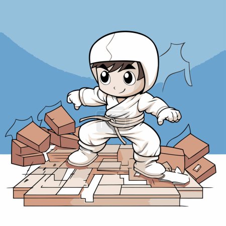Illustration for Illustration of a little boy playing karate with a brick wall - Royalty Free Image