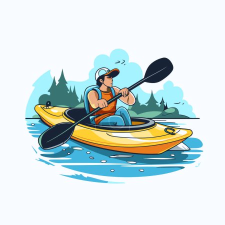 Illustration for Man in a kayak on the river. Cartoon vector illustration. - Royalty Free Image