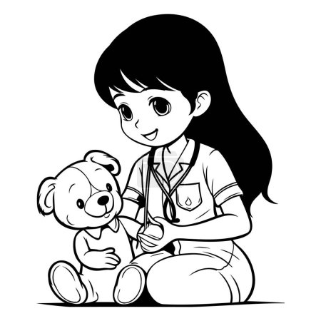 Téléchargez les illustrations : Illustration vectorielle d'une petite fille avec un chien. Noir et blanc. - en licence libre de droit