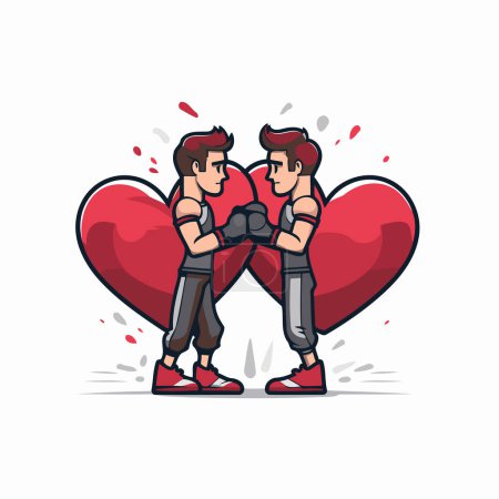 Illustration for Two Boxers fighting with big red heart. Cartoon vector illustration. - Royalty Free Image