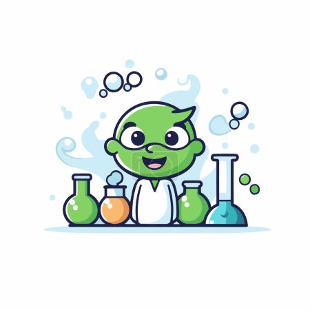 Ilustración de Lindo alienígena verde en un laboratorio. Vector plano de dibujos animados personaje ilustración - Imagen libre de derechos