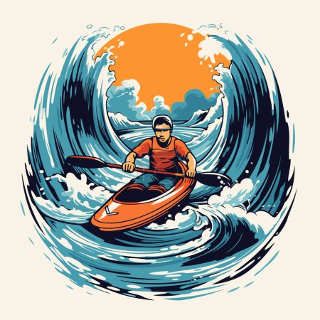 Illustration for Man in a kayak on the waves. Vector illustration in retro style. - Royalty Free Image