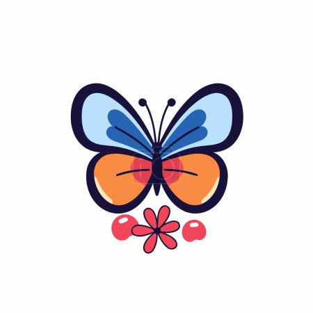 Téléchargez les illustrations : Papillon avec des fleurs. Illustration vectorielle dans un style plat isolé sur fond blanc. - en licence libre de droit