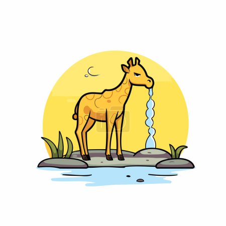Téléchargez les illustrations : Girafe eau potable d'une fontaine. Illustration vectorielle sur fond blanc. - en licence libre de droit