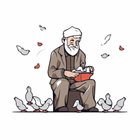 Téléchargez les illustrations : Vieil homme assis sur le sol et nourrissant des pigeons. Illustration vectorielle. - en licence libre de droit