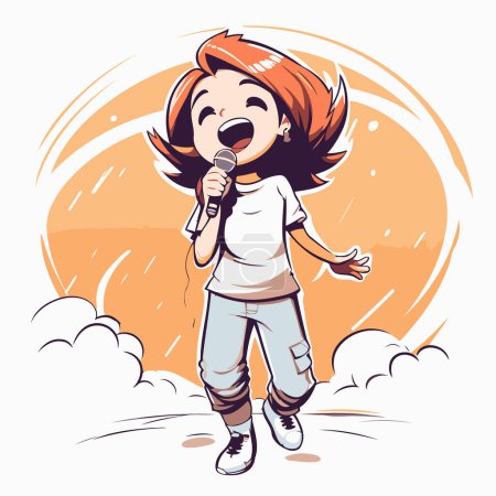 Téléchargez les illustrations : Illustration vectorielle d'une fille chantant du karaoké sur fond de soleil - en licence libre de droit
