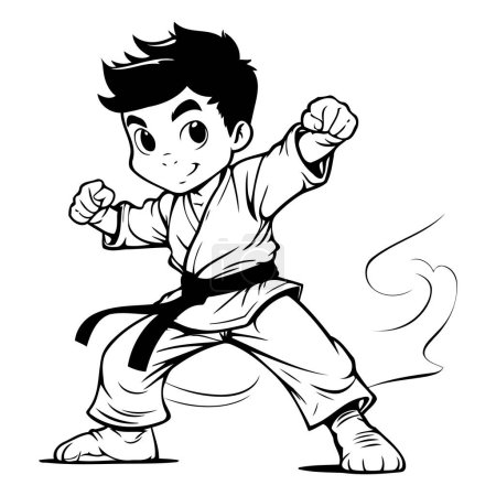 Ilustración de Karate Boy - Ilustración de dibujos animados en blanco y negro de un niño de artes marciales - Imagen libre de derechos
