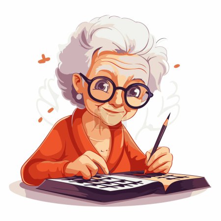 Téléchargez les illustrations : Femme âgée assise à son bureau et écrivant dans un carnet - en licence libre de droit