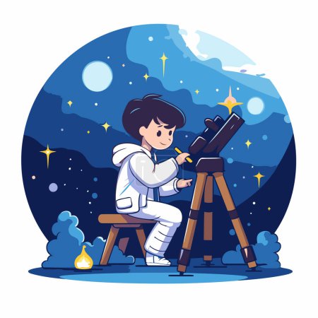 Illustration for Astronaut boy with telescope. Flat style vector illustration isolated on white background. - Royalty Free Image