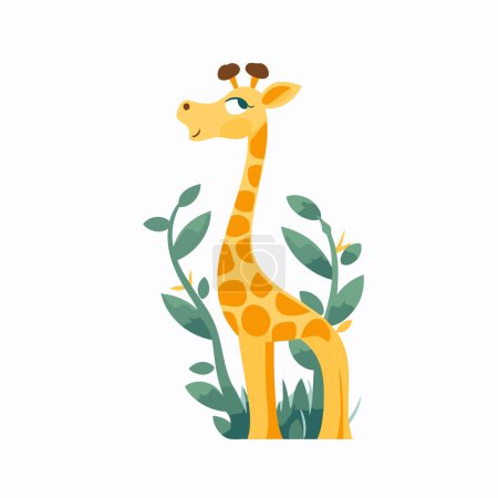 Téléchargez les illustrations : Girafe aux feuilles vertes. Illustration vectorielle en style plat. - en licence libre de droit