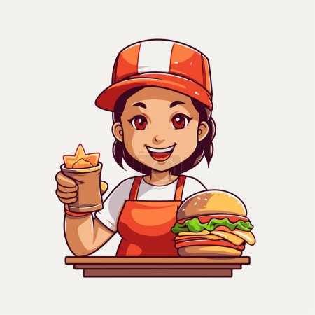 Téléchargez les illustrations : Dessin animé fille en uniforme tenant hamburger et boisson. Illustration vectorielle - en licence libre de droit