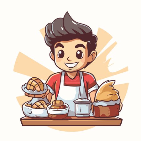 Illustration for Cute cartoon boy with bread and bakery products. Vector illustration. - Royalty Free Image