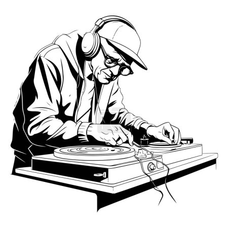 Illustration for Vector illustration of a disc jockey playing on turntable. - Royalty Free Image
