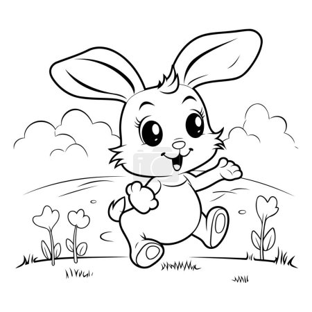 Illustration for Easter bunny running in the grass. Vector illustration for coloring book. - Royalty Free Image