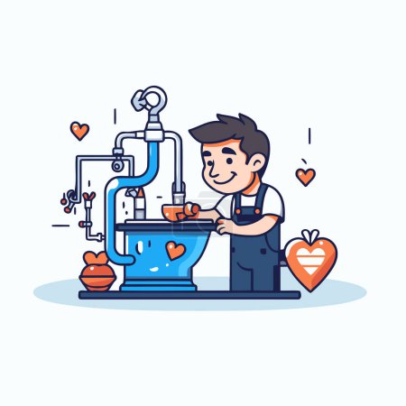 Illustration for Plumber in uniform and apron is fixing the sink. Vector illustration. - Royalty Free Image