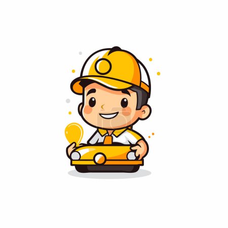 Illustration for Cute builder driving car on white background. Cute cartoon vector illustration. - Royalty Free Image