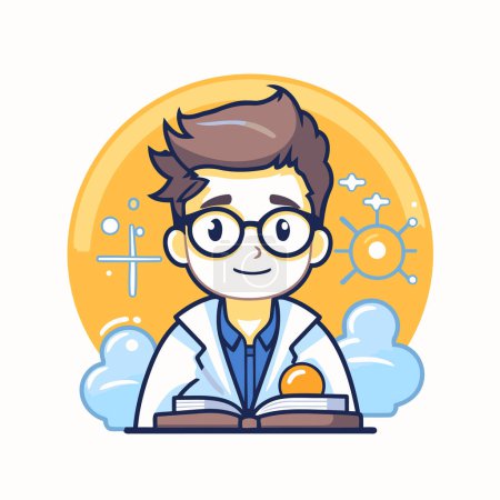 Téléchargez les photos : Dessin animé garçon scientifique en blouse de laboratoire avec livre. Illustration vectorielle. - en image libre de droit