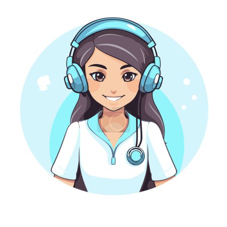 Illustration for Beautiful young nurse with headphones. Vector illustration in cartoon style. - Royalty Free Image