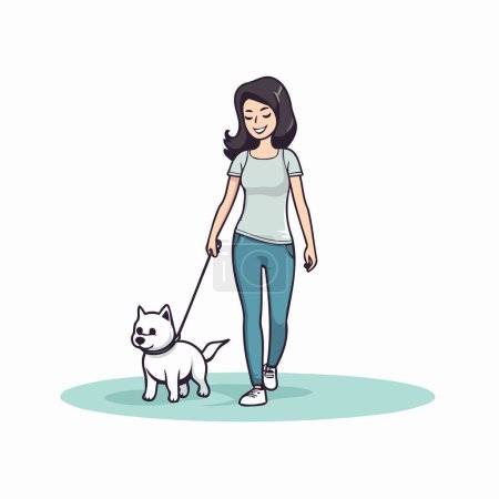 Téléchargez les illustrations : Femme marchant avec son chien. illustration vectorielle de dessin animé isolé sur fond blanc. - en licence libre de droit