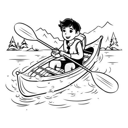 Illustration for Boy rowing a boat on the lake. black and white vector illustration - Royalty Free Image