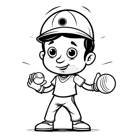 Téléchargez les illustrations : Joueur de baseball Cartoon Little Boy Illustration vectorielle noir et blanc - en licence libre de droit