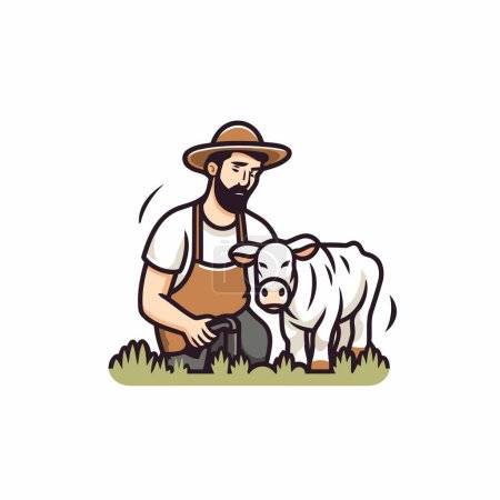 Téléchargez les illustrations : Fermier avec une vache. Illustration vectorielle en style dessin animé sur fond blanc - en licence libre de droit