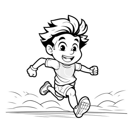 Téléchargez les illustrations : Garçon qui court - Dessin animé noir et blanc Illustration d'un enfant qui court pour un livre à colorier - en licence libre de droit