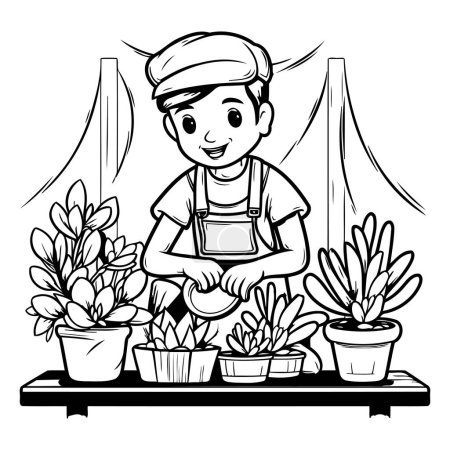 Téléchargez les illustrations : Joli garçon qui travaille dans le jardin. illustration vectorielle noir et blanc. - en licence libre de droit