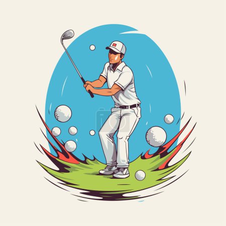 Golfspieler schlägt den Ball auf dem grünen Rasen. Vektorillustration
