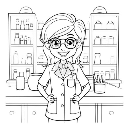 Téléchargez les illustrations : Pharmacie femme dessin animé dans la pharmacie. Illustration vectorielle noir et blanc. - en licence libre de droit