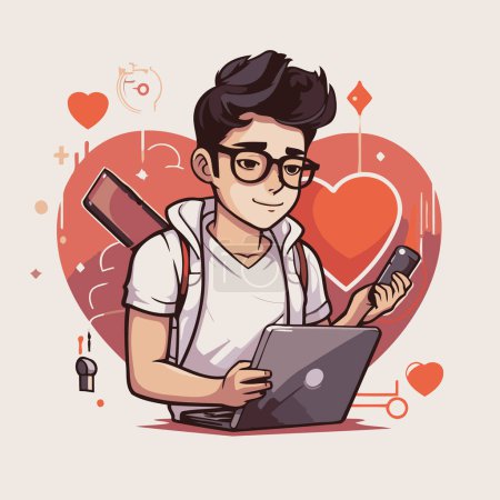Illustration for Hipster guy with laptop and mobile phone. Vector illustration. - Royalty Free Image