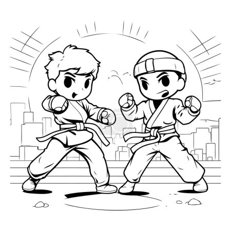Illustration for Cartoon illustration of two karate kids practicing in the city. - Royalty Free Image