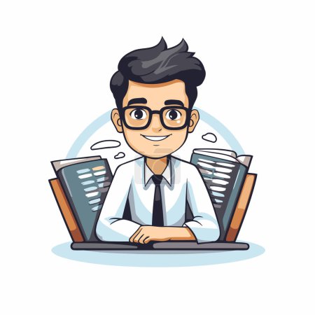 Téléchargez les illustrations : Homme d'affaires travaillant sur un ordinateur portable au bureau. Illustration vectorielle dans le style dessin animé. - en licence libre de droit
