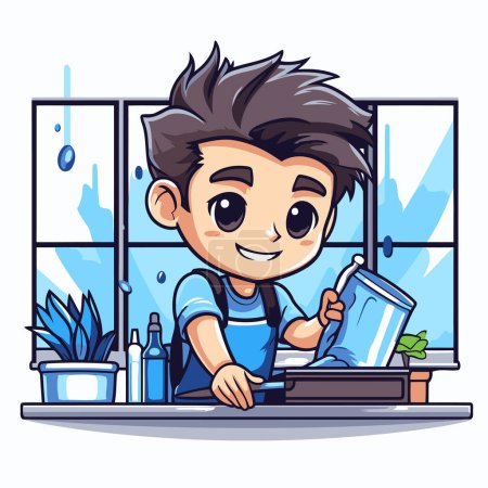 Illustration for Cute cartoon boy cleaning the window at home. Vector illustration. - Royalty Free Image