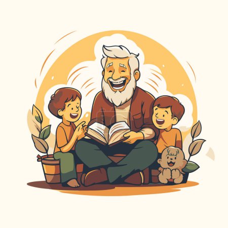 Grandfather reading a book with his grandchildren. Vector cartoon illustration.