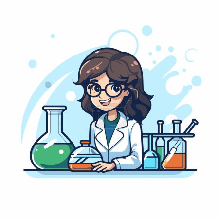 Illustration for Girl scientist in lab coat and glasses holding flask with chemical liquid. Vector illustration. - Royalty Free Image