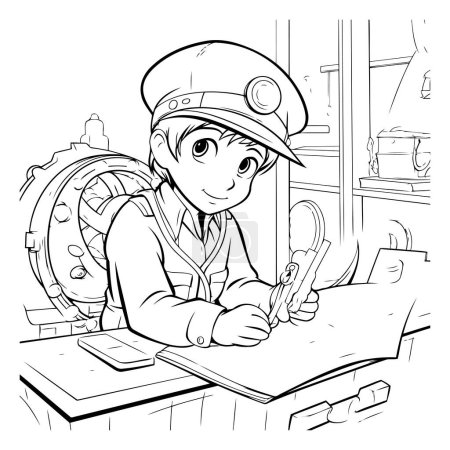 Téléchargez les illustrations : Illustration en noir et blanc d'un garçon portant un casque et uniforme écrivant une lettre - en licence libre de droit