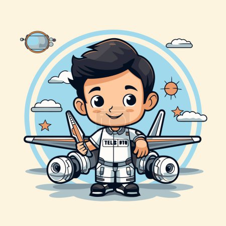 Ilustración de Lindo astronauta con un avión en el cielo. Ilustración vectorial. - Imagen libre de derechos