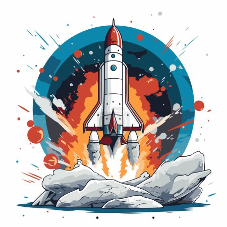 Téléchargez les illustrations : Lancement de fusées spatiales dans l'espace. Illustration vectorielle sur fond blanc. - en licence libre de droit