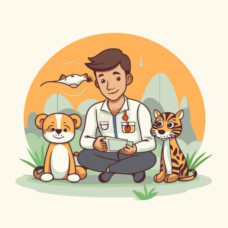 Illustration for Veterinarian with a dog and cat. Vector illustration in cartoon style. - Royalty Free Image