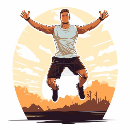 Illustration for Vector illustration of a young man jumping on the road in the park. - Royalty Free Image